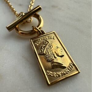 Gold Bar Queen Elizabeth Minimalist Brass 18K Gold Plated Charm Necklace